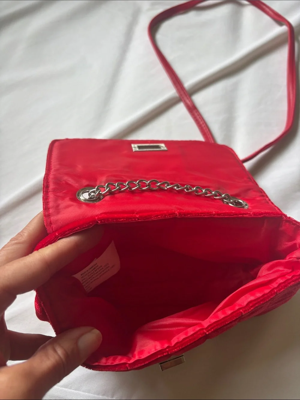 Girls Red Velvet Quilted Crossbody Bag with Chain Strap